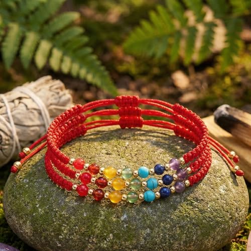 Colorful Healing Crystal Inspirational Seven Chakras Beaded Bracelets for Women,Adjustable Relaxation Energy Inner Peace Rope String Jewelry,Vacation FriendShip Gift 3Pcs Red