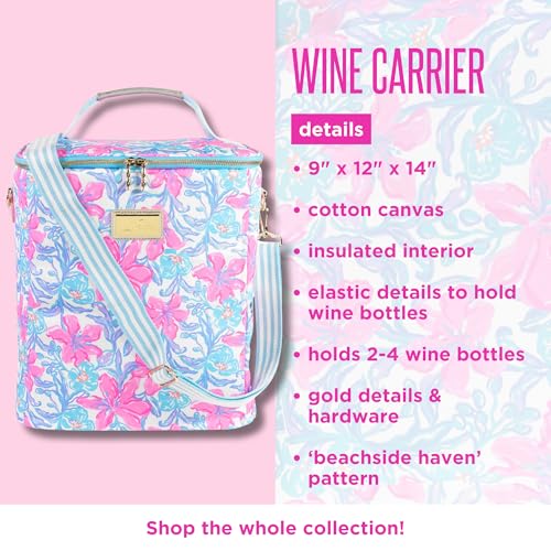 Lilly Pulitzer insulated wine carrier in Beachside Haven pattern, thermocooler with handle for keeping wine chilled during outings.