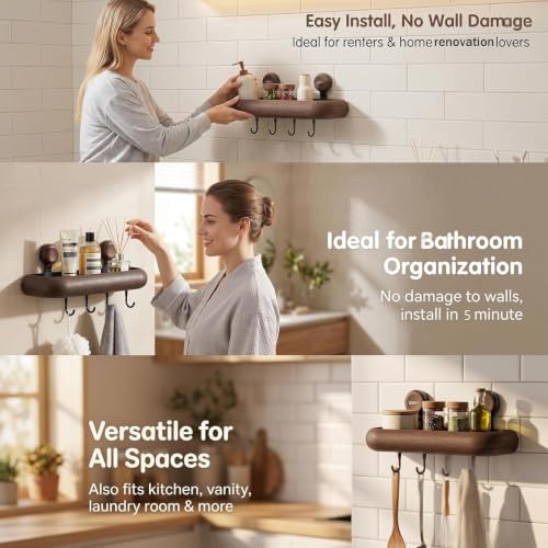 PureBox Shower Caddy Suction Cup Rust Proof Square Shelf 4 Removable Hooks