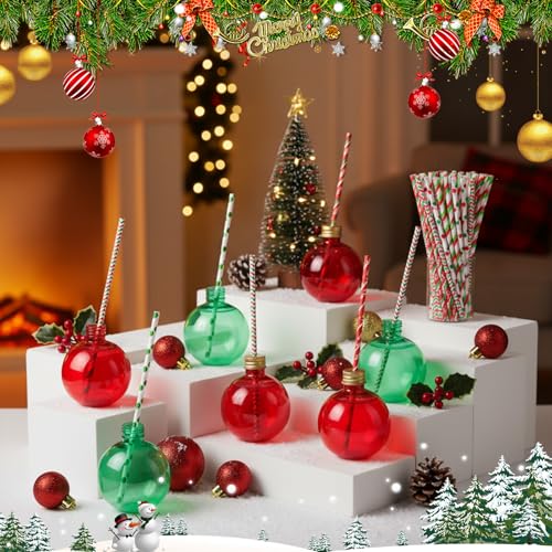 Potchen 24-set Christmas ornament cups with straws, festive red and green colors, 250 ml capacity, ideal for holiday gatherings.