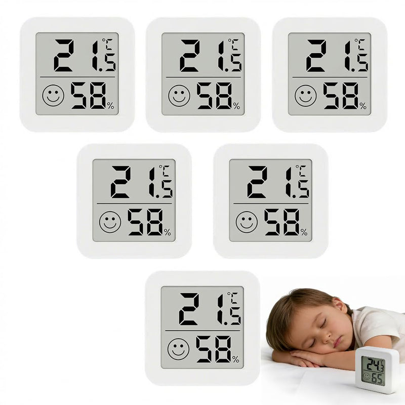 Pack of 6 Mini Hygrometer Digital Hygrometer Indoor Hygrometer with Smiley Indicator, Wireless Precision Hydrometer, Freestanding LCD for Home School Wine Cellar Greenhouse Cellar Warehouse (White)