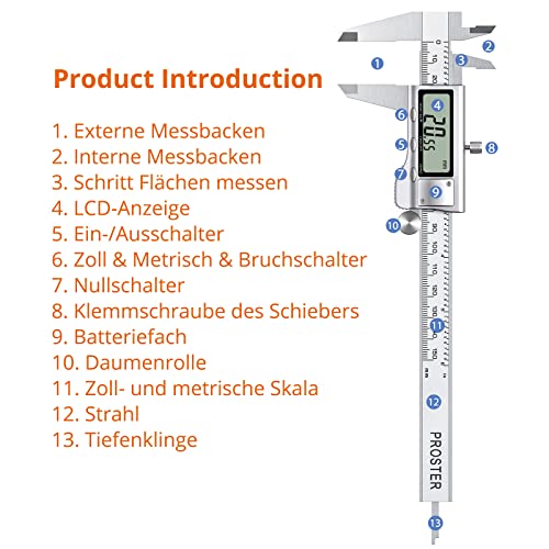 Proster Digital Vernier Caliper 150 mm / 6 Inch Stainless Steel Electronic Caliper Fraction/Inch/Metric Conversion Measuring Tool for Length Width Depth Inner Diameter Outer Diameter 6 inches