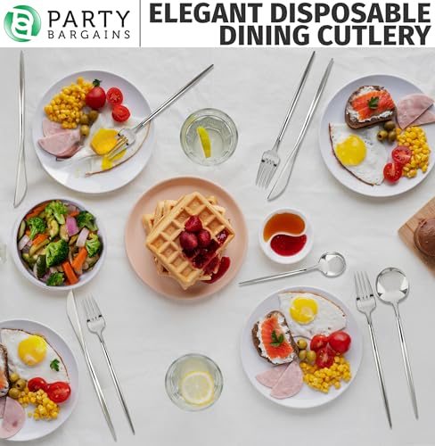 PARTY BARGAINS Plastic Cutlery Set, 80 Pc Silver Disposable Heavy-Duty Flatware – Includes 32 Forks, 16 Knives & 32 Spoons for Parties, Weddings, BBQs, Events – Elegant & Durable Plastic Utensils