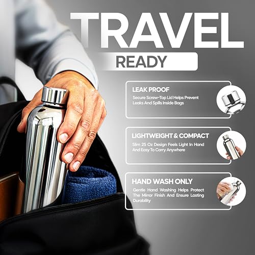Stainless Steel Water Bottle 25oz - Vacuum Insulated Stays Cold All Day, Leak Proof Double Wall, Chrome Classic Design