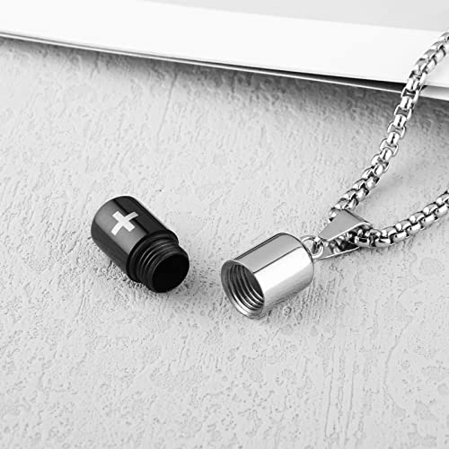 STWTR Stainless Steel Cylindrical Souvenir Capsule Pill Pendant Necklace, Cremated Ashes Pill Container Necklace Black-B