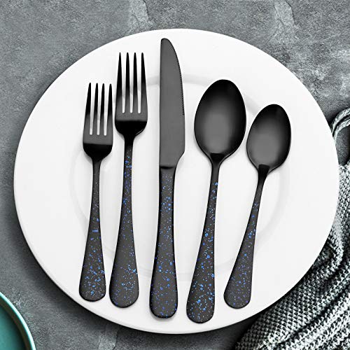 O.C.E. Matte Black Silverware Set, Stainless Steel Flatware, 20-Piece Tableware Cutlery Service for 4, Satin Finish Utensils, Dishwasher Safe (Starry Blue) Matte Black(Starry Blue)