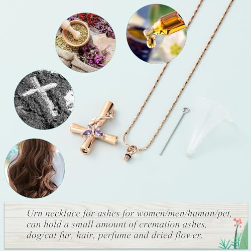 Urn Necklaces for Ashes Butterfly Cremation Jewelry for Ashes Cross With Crystal Butterfly Memorial Ash Pendant Keepsake Jewelry Gifts for Loss of Loved One Rose&purple