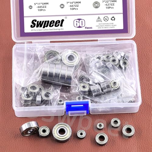 Swpeet 60Pcs 6 Sizes 693ZZ, 623ZZ, 624ZZ, 685ZZ, 687ZZ,627ZZ Ball Bearings Assortment Kit, Carbon Steel Deep Groove Bearings, Double Shielded Bearings