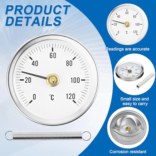 Pipe Thermometer Heating Pipe Stainless Steel Pack of 2 | Temperature display with clip-on 0-120 °C, portable pipeline thermometer, monitoring pipe temperature (with 2 springs)