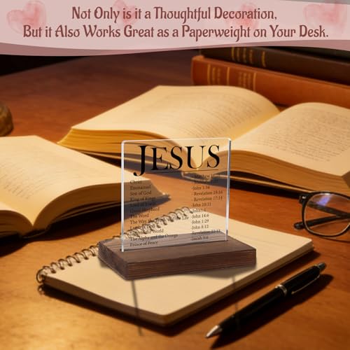 Names of Jesus Acrylic Plaque, Christian Bible Verse Gift for Believers, Inspirational Religious Keepsake for Men, Women, Transparent Acrylic Plaque with Wooden Stand, LYY152