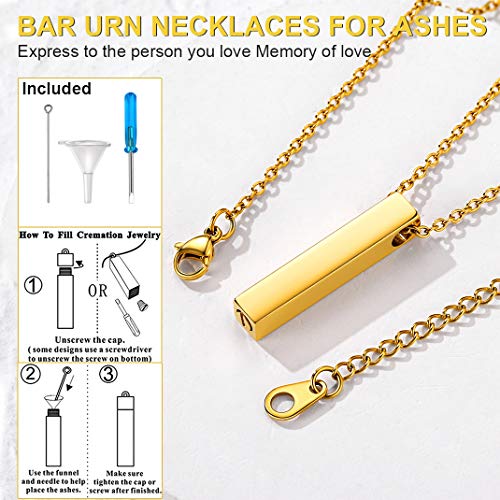 GOLDCHIC JEWELRY Stainless Steel Urn Necklace for Ashes for Men Women, Personalised Photo Keepsake Urns Pendant Necklaces Waterproof Engraved Cremation Jewellery, Cat Cross Cube Heart Memorial Gifts 02.bar-gold