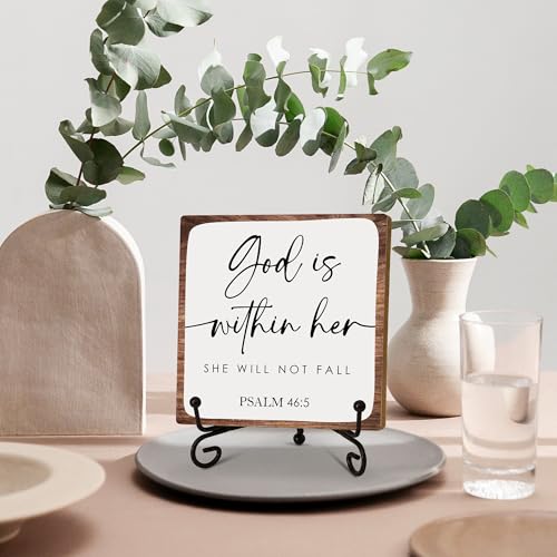 God Is Within Her She Will Not Fall Wooden Sign Decor, Psalm 46:5 Scripture Plaque, Rustic Wooden Plaque Sign With Iron Stand, Christian Home Office Restroom Desk Shelf Decorations