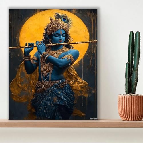 Krishna Canvas Wall Art, Meditative Lord Krishna Print Poster, Canvas Wall Art Meditative Lord with Flute, Hindu God Poster, Zen Wall Decor, Spiritual Room Decor Framed, 8x10inch 20x25cm