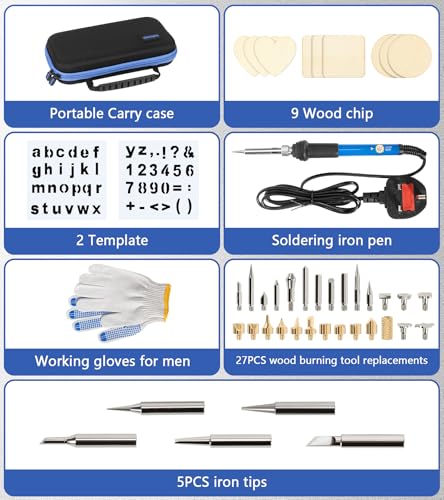 Pyrography Kit 45 in 1 Wood Burning Set, 60W Adjustable Temperature 200-450°C Engraving Pen Wood Burner Tool Kit, HeatResistant Gloves & Carry Case for Beginner Adults DIY Craft Wood Carving Embossing