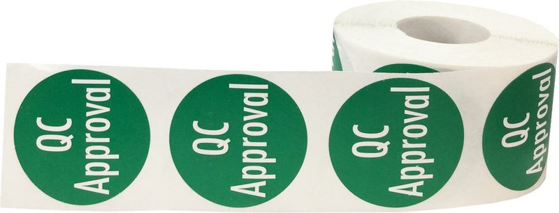 Green with White QC Approval Stickers 1.5 Inch Round Circle Dots 500 Adhesive Labels On A Roll for Quality Control Inspections Product Approval and Inventory Management Made in the USA