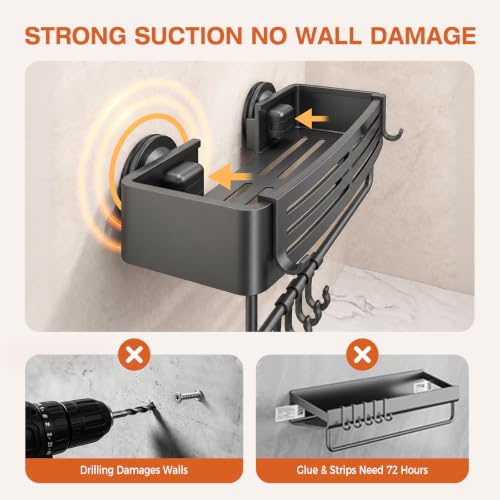 Lekesky Suction Cup Shower Caddy, No Drill Shower Shelf, Aluminum Rust Proof Bathroom Shower Organizer with 12 Hooks (2-Pack, Gunmetal Gray) Gunmetal Grey