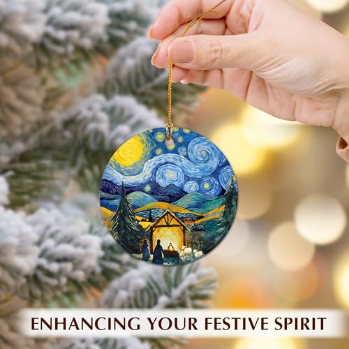 Nativity Scene Christmas Ornament 2026 - Starry Night with Holy Family Religious Art Keepsake, Double-Sided Ceramic Christmas Tree Decorations - Holiday Christian Gifts for Men, Women, Art Lovers