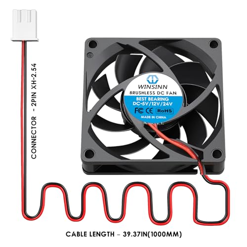 WINSINN 70mm 24V Fan - Dual Ball Bearing 4500 RPM 7015 Cooling Fan Replacement for 3D Printers/Industrial Equipment, 30cm Cable with XH2.54-2PIN, Brushless 70x15mm (2Pcs)