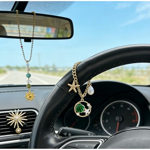 3 Pcs Christian Car Accessories for Women - Rear View Mirror Cross, Steering Wheel Rosary Charm & Air Vent Clip - Cute Girly Bling Car Decor (Green) Green