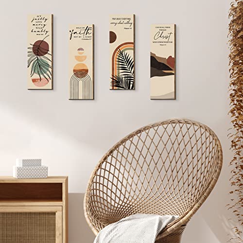 Queekay 4 Pcs Christian Wall Art Boho Decor Bible Verse Wall Decor Wooden Hanging Sign Inspirational Prayer Plaque Religious Motivational Sign for Bedroom Home Living Room, 15.7 x 5.1 Inch