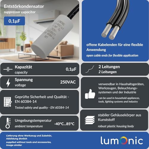 Lumonic I Suppression Capacitor 0.1µF 250VAC I 15 x 35 mm I -40 to +85°CI 2 Connection Cables I 0.1uF I EMC Capacitor I for Household Appliances, Power Tools, Building Technology, Industrial Applications, LED