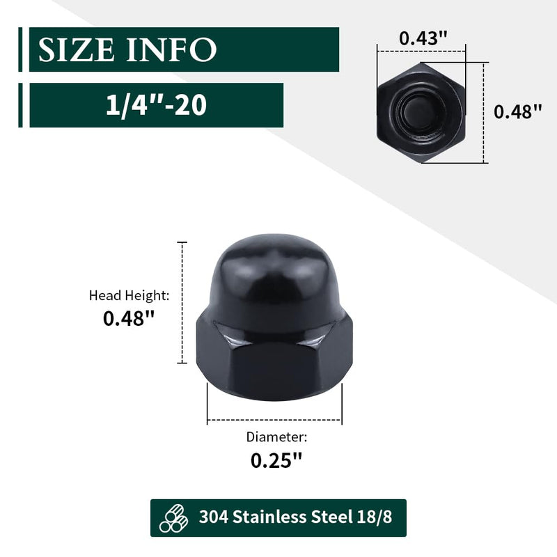 [Australia - AusPower] - 1/4"-20 Hex Head Acorn Cap Nuts, 304 Stainless Steel 18-8 Hexagon Head Acorn Dome Cap Nuts, Black Oxide Finish, Hex Drive, 25 PCS 1/4"-20 