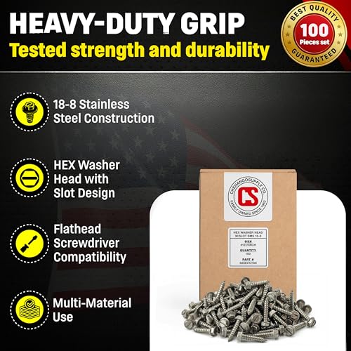 Chenango Supply #12x1 inch stainless steel sheet metal screws, hex washer head with slot, 100 pieces