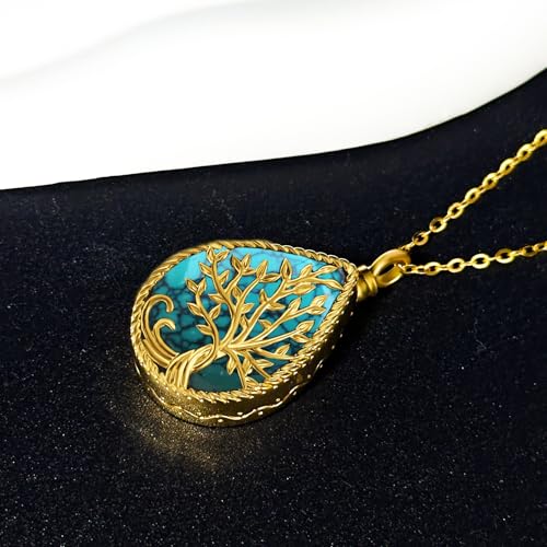 Tree of Life Urn Necklace Teardrop Memorial Keepsake Pendant Antique Turquoise Gold