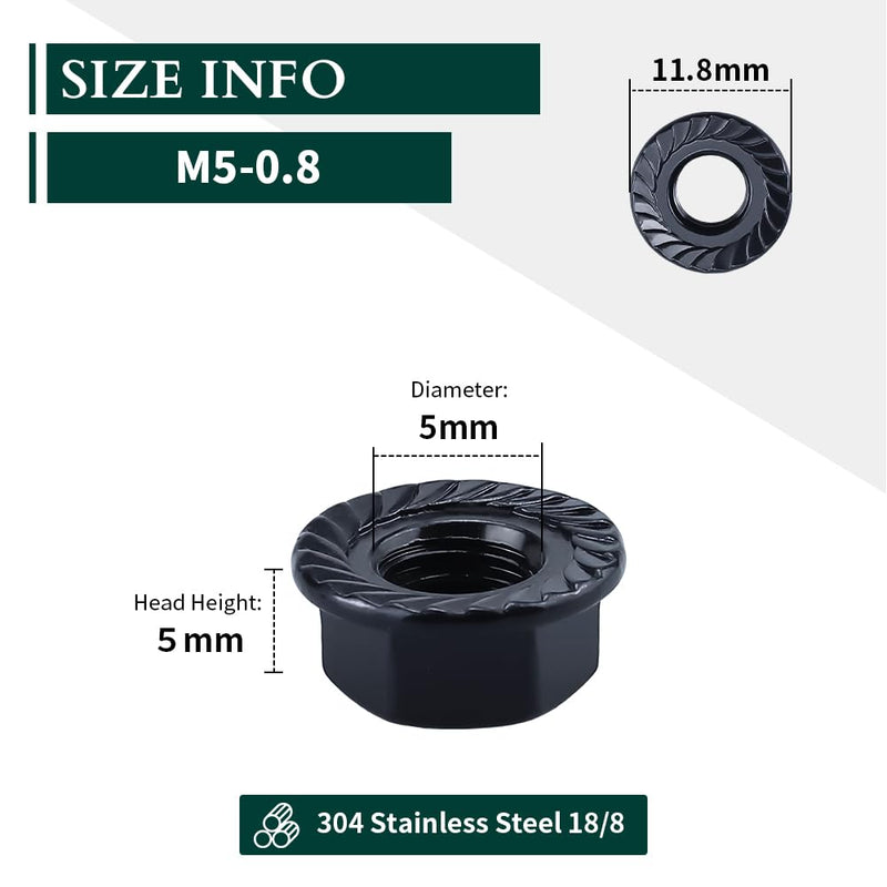 [Australia - AusPower] - M5-0.8 Hex Head Serrated Flange Nuts, 304 Stainless Steel 18-8 Hexagon Head Flange Nuts for Home Automotive DIYer, Black Oxide Finish, Hex Drive, 50 PCS M5-0.8 