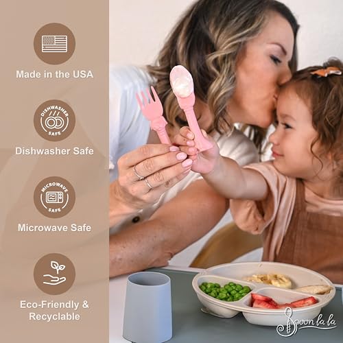 Kids Silverware Set, 6-Piece Toddler Forks and Spoons, Made in USA, Self-Standing Cat and Dog Handles, BPA-Free Recycled Plastic, Pink Blue Yellow Pink, Blue, Yellow