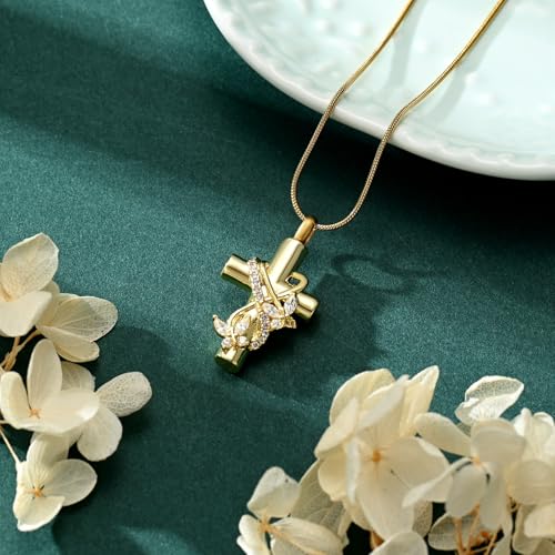 Butterfly Cross Cremation Jewelry Urn Necklaces Stainless Steel Cross Urn Necklaces for Ashes Memorial Keepsake Pendant for Women Gifts With Funnel Kit & Bag Gold+White