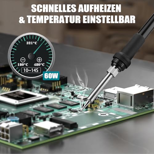 Cordless Soldering Iron Set for Bosch Professional 18 V System GBA Battery, 60 W LCD Adjustable Temperature 180-480 °C, with On/Off Switch, Suction Rod, 50 g Soldering Wire, Soldering Iron Stand for Electrical Work For Bosch GBA