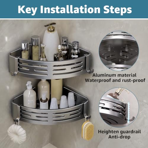 Gray 2-tier adhesive corner shower caddy by Pesnftr, made of aluminum, for bathroom storage without drilling.