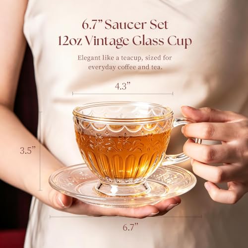 Vintage Glass Tea Cup and Saucer Set, 12 oz Large Coffee Cup Classic Frosted White Round