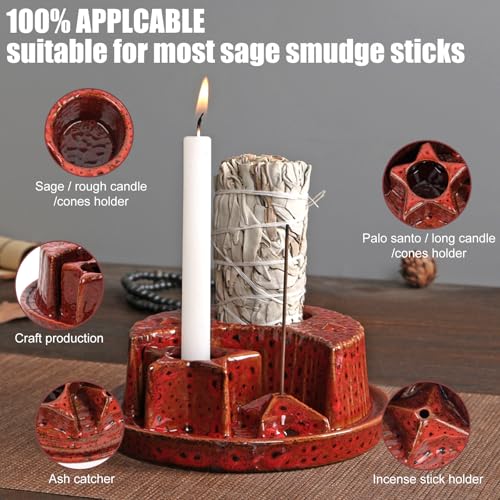 4 in 1 Incense Holder, Incense Burner, Palo Santo Holder, Ceramic Ash Catcher Tray for Meditation Room, Candle Holder for Burning Sage (Speckled Red) Speckled Red