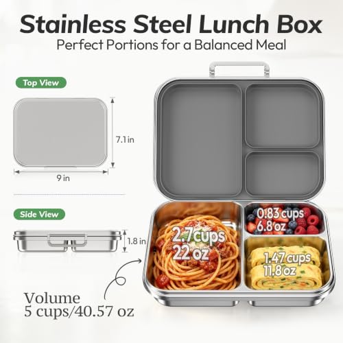 Stainless Steel Bento Lunch Box for Kids and Adults,3 Compartment Meal Lunch Box with Detachable Silicone Lid,Leak-Resistant Food Container with Snack Cup for School,BPA-Free(Grey) Gray