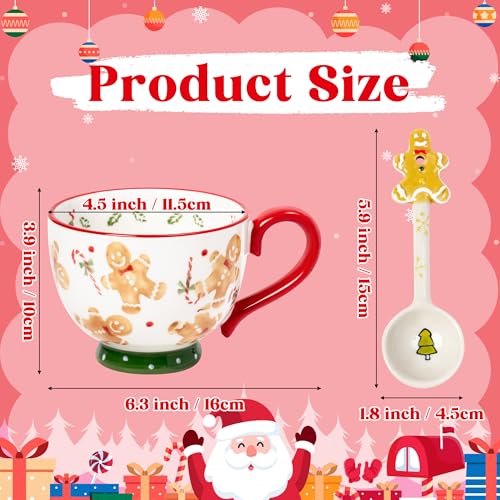 Christmas Ceramic Coffee Mug - 15 OZ Merry Christmas Gingerbread Man Coffee Cup with Spoon, Xmas Themed Tea Milk Drinking Mugs, Winter Holiday Cups Funny Gift for Women Men Children Kids Family