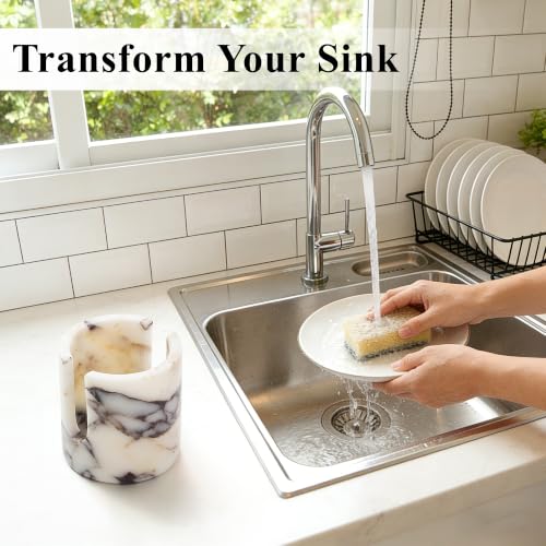 Natural Calacatta Viola marble sponge holder and drying rack for kitchen sink, featuring elegant stone design and compact storage.