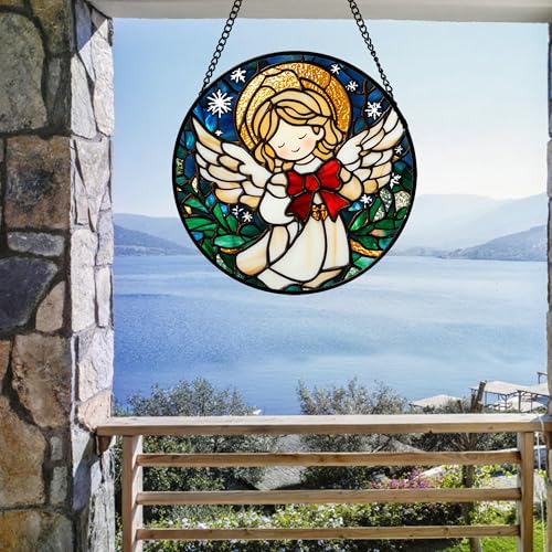 Stained Glass Window Hanging Jesus Cute Angel 6.3" - White Angel Suncatcher Door Garden Sun Catcher Home Decor Birthday Christmas for Mom Men Woman Nana Friend Girl 6.3x6.3 IN