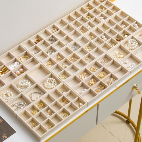 SPAKOWN Jewelry Organizer for Drawer Velvet Jewelry Tray - Set of 9 Beige