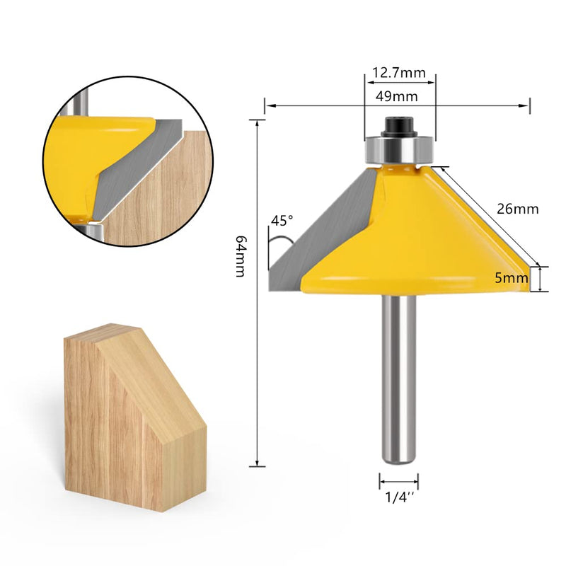 5PCS Chamfer Router Bits with 1/4" Shank Bevel Edge Forming Router bits (11.25°,15°,22.5°,30°,45°.) 1/4 inch shank, 11.25°-15°-22.5°-30°-45° degrees