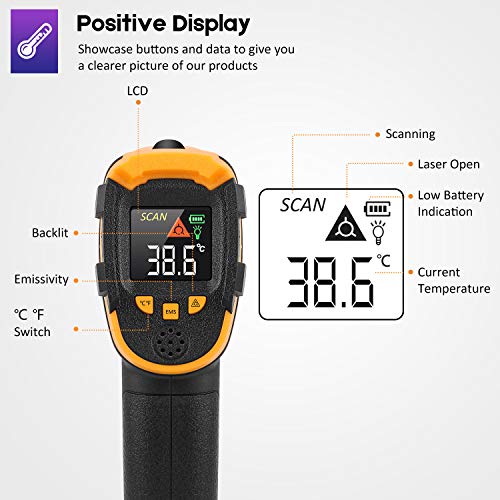Infrared Thermometer SOVARCATE Digital Laser Temperature Gun -58°F~1112°F (-50°C ~ 600°C) Non-Human Body Thermometer - for Cooking/Barbecue/Freezer/Industrial
