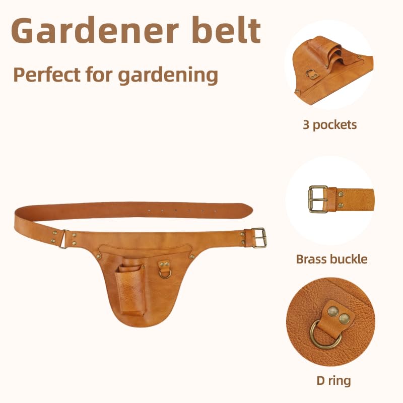 Leather Florist Tool Belt Pouch 3-Pocket Adjustable for Gardening Carpenter | Fit 34-40 Inches Waist, Lightweight, Heavy Duty, Versatile For Woodworking Outdoor Transplanting Trimming DIY, Gift for Her Brownish Yellow 42 inches