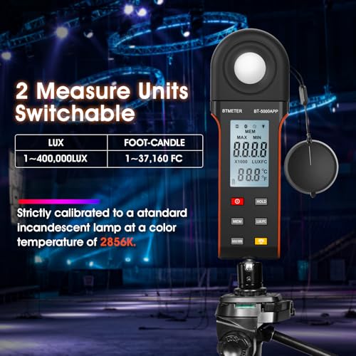 BTMETER orange illuminance light meter with Bluetooth and digital lumen photometer display