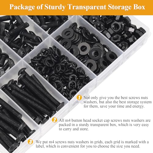 Sutemribor M4 black button head socket cap screws, nuts and washers assortment set in storage case