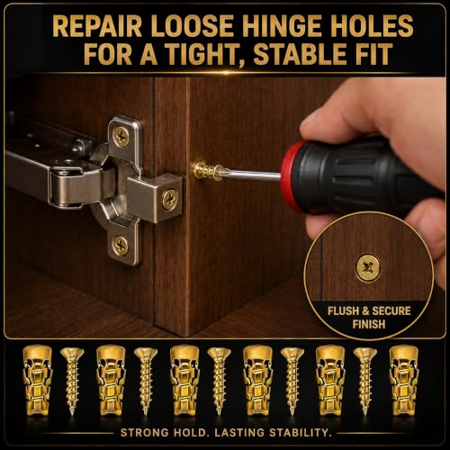 Tvisenva 30-pack gold 6×14mm expansion screws for cabinet and door hinge repair, fitting 6mm holes in tile, stone, and wood