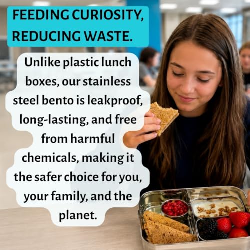 Leakproof Stainless Steel Lunch Box | Large 1400mL Bento Box with 2 Snack Containers & Removable Divider | Dishwasher Safe | Non-Toxic