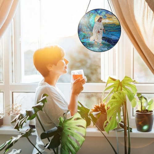 FLAGWIX Christian Faith Stained Glass Suncatcher, 10 in Window Hanging Blue - Christian Walking