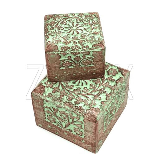 Mango Wood Pack of 2 Antique Jewelry Organizer - Mango Wood Jewelry Box for Women, Decorative Storage Solution with Elegant Design and Craftsmanship, Ideal for Home and Gift Use (Green)