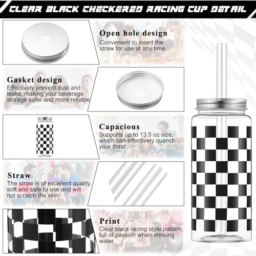 Patelai 24 Pack Race Car Cups 13.5 oz Plastic Tumbler with Lid and Straw Checkered Flag Party Supplies Clear Black Plaid Cups for Race Car Birthday Sports Themed Party Supplies